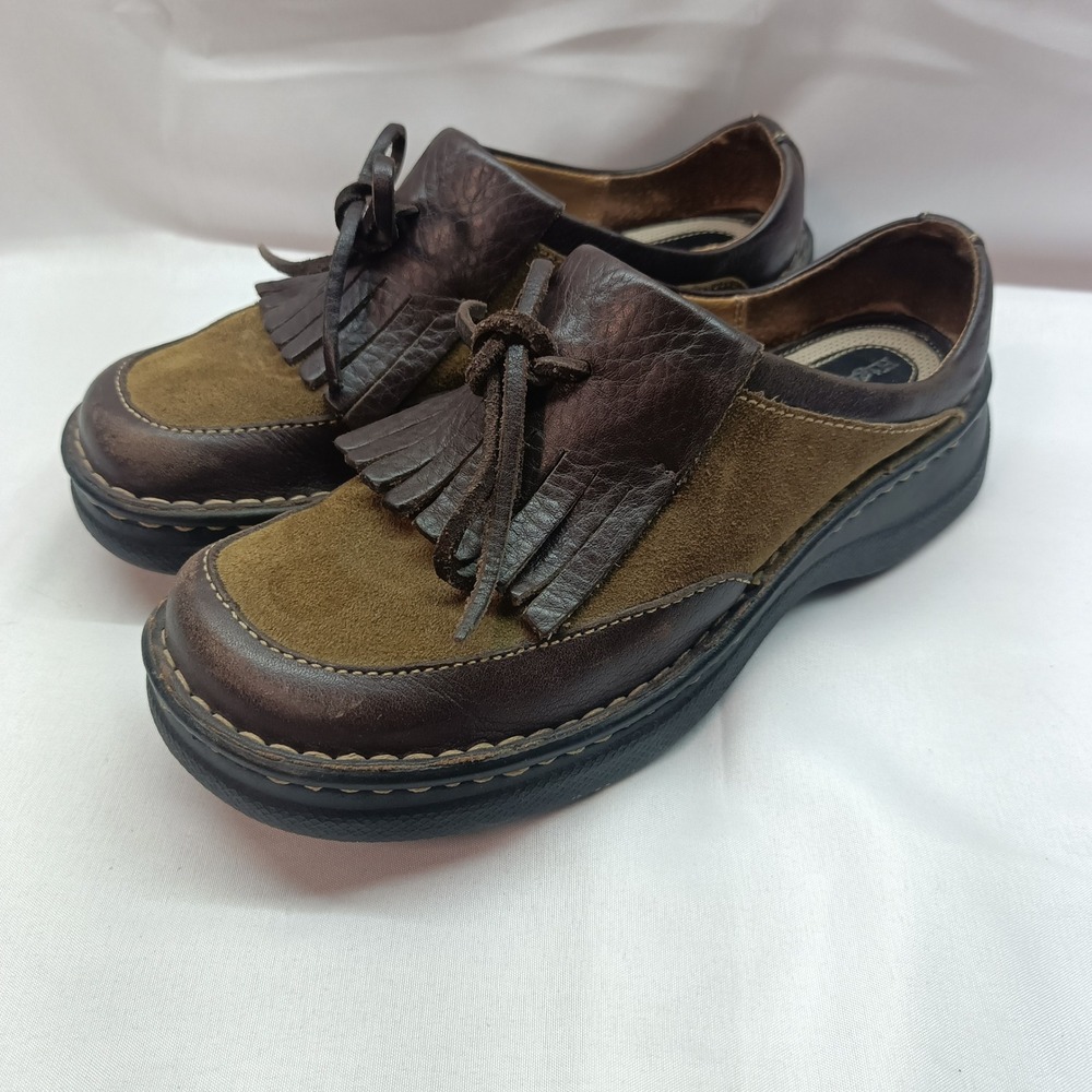High Sierra Kilty Multi Brown Leather Suede Fringe Loafers Womens 5.5 Shoes Y2K